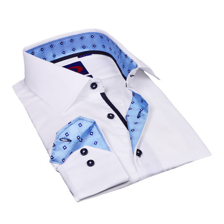 Button-Down Shirt + Geometric Trim // White + Light Blue (S)