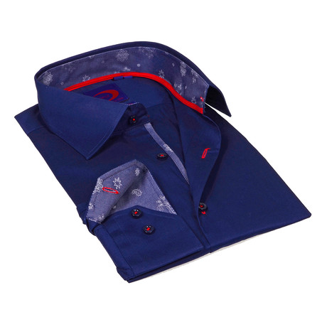 Levinas Collection // Button-Down Shirt // Navy + Light Blue Paisley Trim (L)