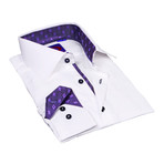 Button-Down Shirt // White + Purple Geometric Trim (L)