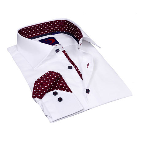 Button-Down Shirt + Geometric Diamond Trim // White + Maroon (S)