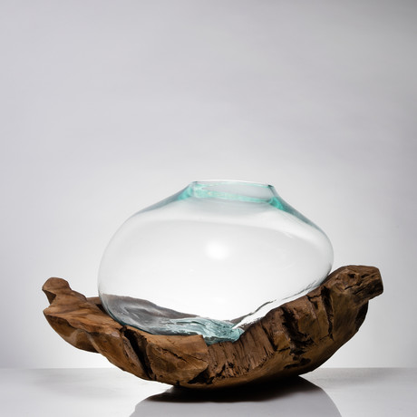 Molten Glass in Teak Wood Bowl