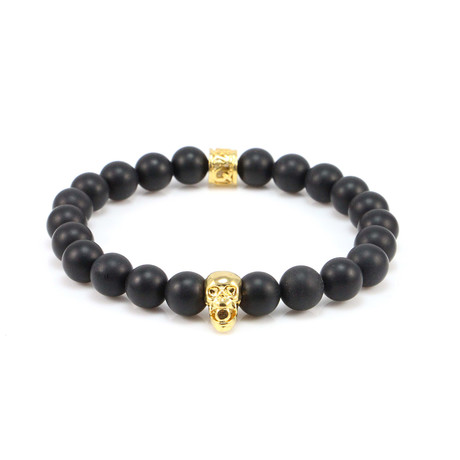 Gold Plated Skull with Black Matte Beaded Bracelet // Black