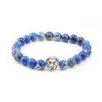 Silver Lion Head Blue Sediment Beaded Bracelet // Blue