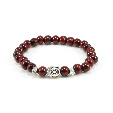 Silver Buddha Cherry Wood Beaded Stretch Bracelet // Cherry