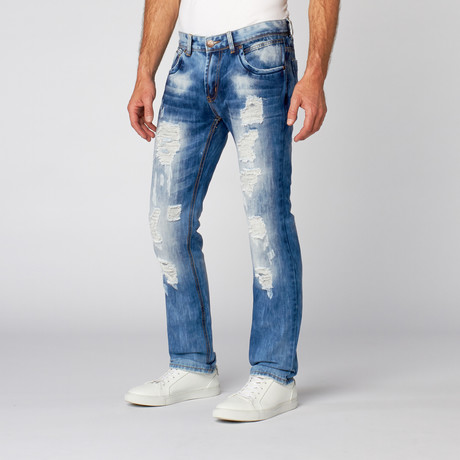 Slim Tapered Washed Denim // Light Acid Wash + Rips (30WX32L)