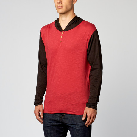 Long Sleeve Hooded Henley // Red + Black (S)