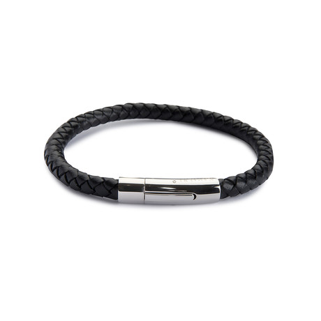 Barrel Mono Leather Bracelet // Black + Silver (20cm)