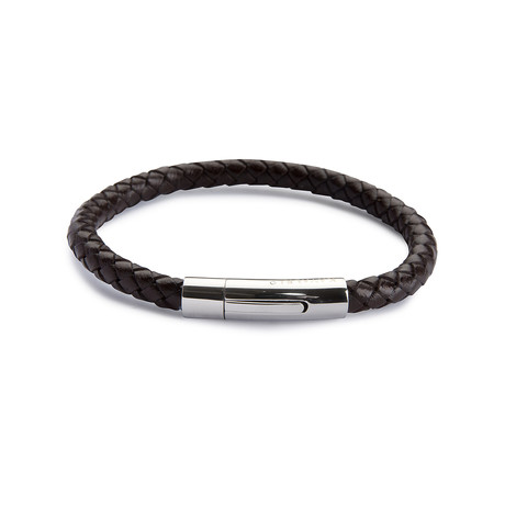 Barrel Mono Leather Bracelet // Brown + Silver (20cm)