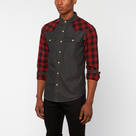 Long Sleeve Denim Flannel // Black + Red (S)