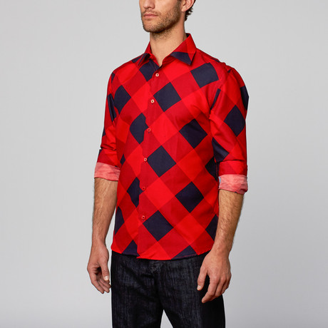 Modern Fit Button-Up Shirt // Large Grid Red (S)