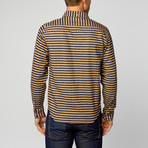 Horizontal Stripe Flannel Long-Sleeve Shirt // Tan + Navy (M)