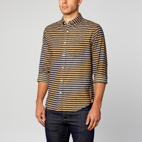 Horizontal Stripe Flannel Long-Sleeve Shirt // Tan + Navy (S)