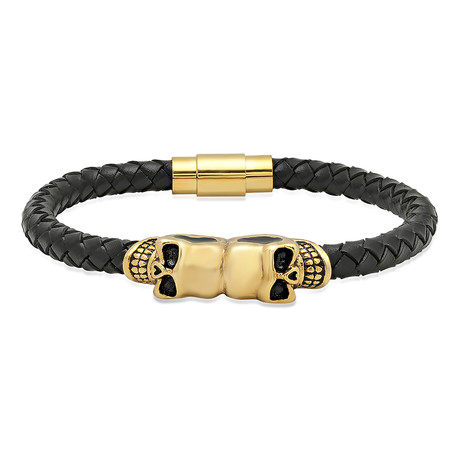 Double Skull Leather Bracelet // Black + Gold