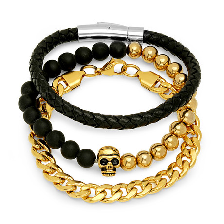 Leather Skull Link Bracelets // Gold + Black // Set of 3