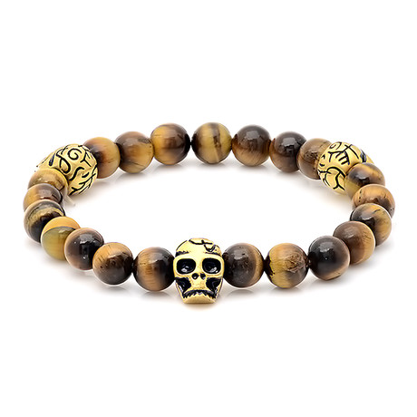 Beaded Skull Bracelet // Tiger Eye + Gold