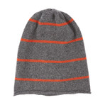 Cashmere Striped Slouchy Hat (Dark Heather Grey + Rust)