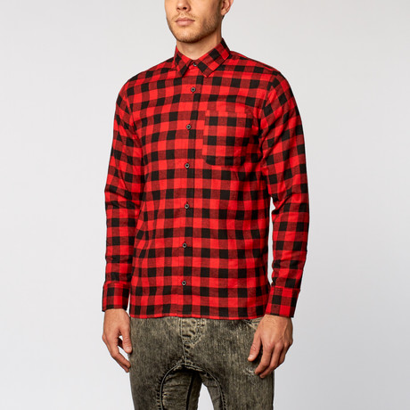 High-Low Fishtail Flannel Button Down // Black + Red (S)