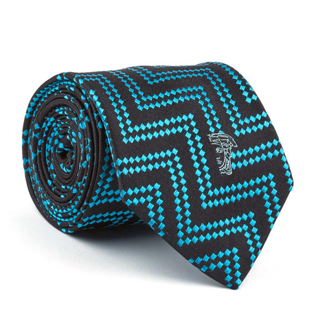 Silk Tie // Turquoise + Black Zig Zag