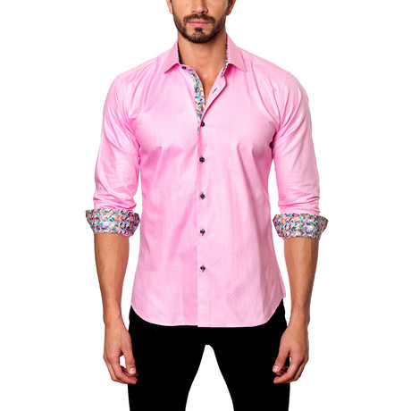 Block Chevron Placket Button-Up Shirt // Pink (XL)