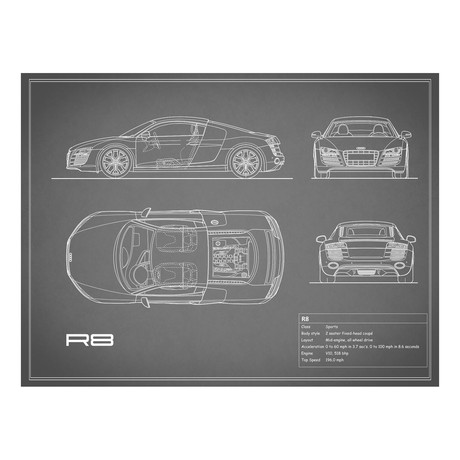 Audi R8 V10 // Grey (Print // 18"W x 24"H x .01"D)