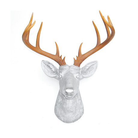 14 Point Deer Heads Wall Mount // Silver + Natural Brown