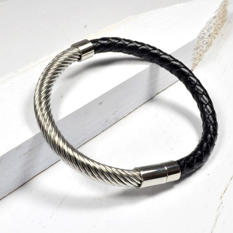 Twisted Steel + Braided Leather Bracelet // Silver + Black