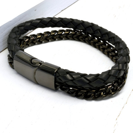 Braided Leather + Chain Bracelet // Black
