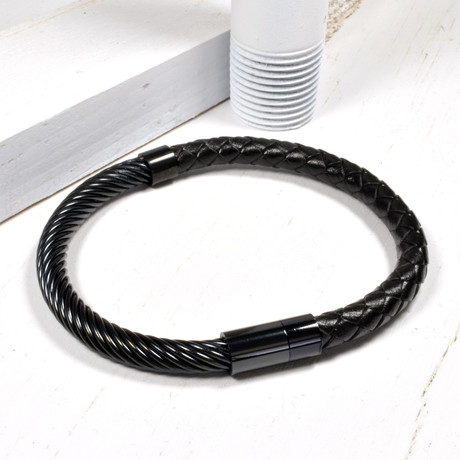 Twisted Steel + Braided Leather Bracelet // Black