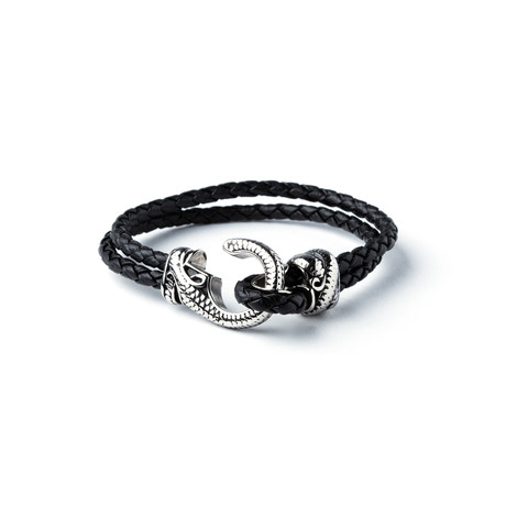 Double Leather + Stainless Steel Hook Bracelet