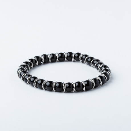 Agate + Stainless Steel Bead Bracelet // Black + Silver