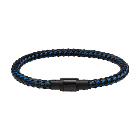 Black Leather Blue Wired Carbon Fiber Bracelet