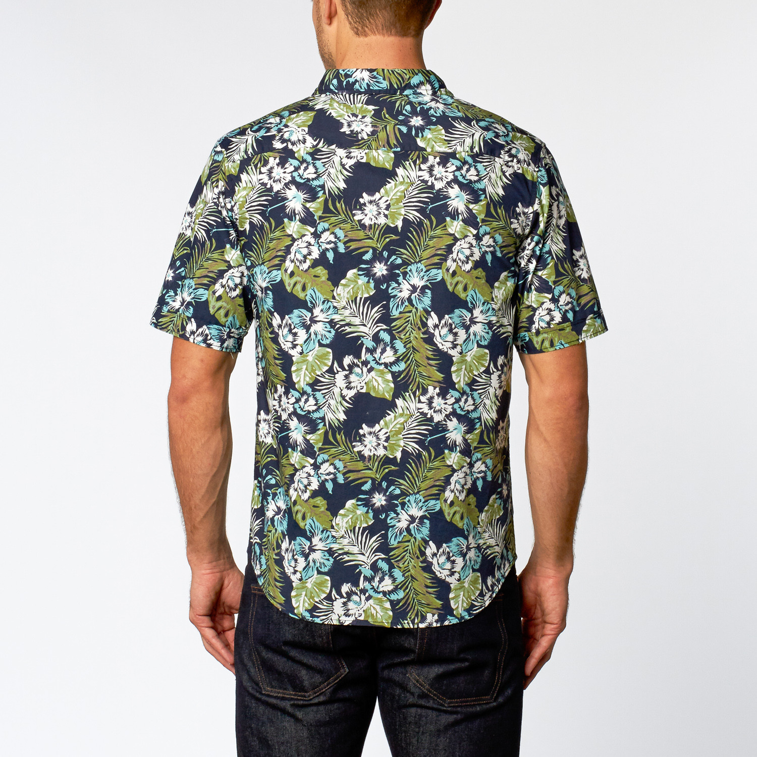 Short Sleeve Button Down Shirt // Green Flower (XL) Distortion Touch of Modern