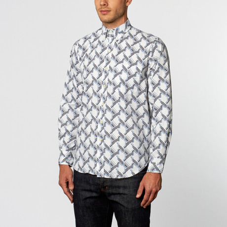Dizzy Geometric Abstract Long-Sleeve Shirt // White + Blue (S)