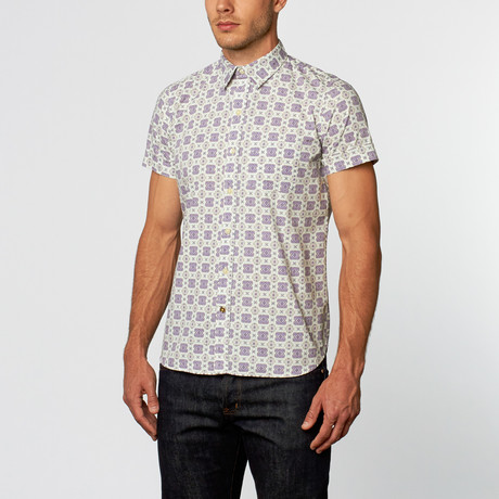 Check Floral Abstract Short-Sleeve Shirt // Mint + Purple (S)