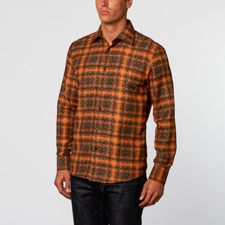Abstract Plaid Button-Up Shirt // Brown + Orange (S)
