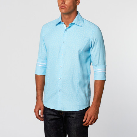 Feather Print Button-Up Shirt // Turquoise (4XL)
