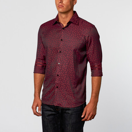 Feather Print Button-Up Shirt // Burgundy (6XL)
