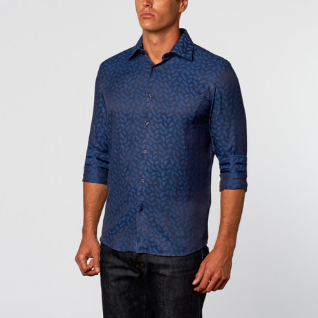 Rosso Milano // Feather Print Button-Up Shirt // Navy (S)