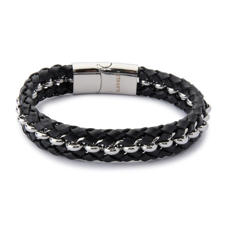 Double Leather + Steel Weave Bracelet // Black + Silver