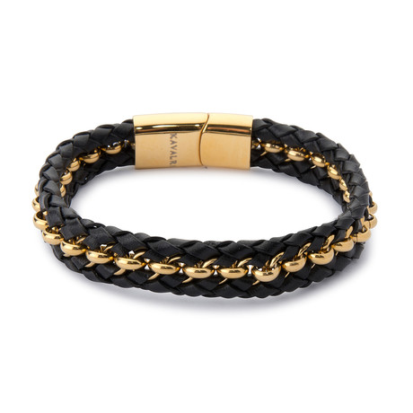 Double Leather + Steel Weave Bracelet // Black + Gold