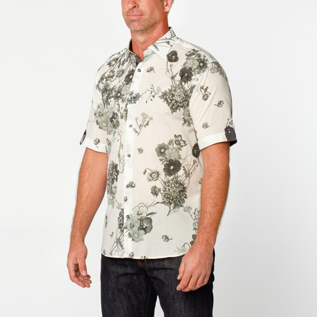 Short Sleeve Floral Button-Up Shirt // White + Black (S)