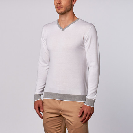 Douglas V-Neck Sweater // White + Light Grey (S)