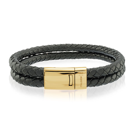 Black Braided Leather Bracelet // 2 Layer (Gold Clasp)
