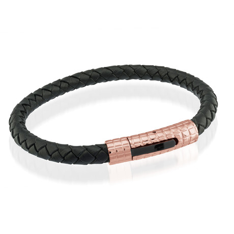 Black Leather Bracelet // Rose Clasp (Gold Clasp)