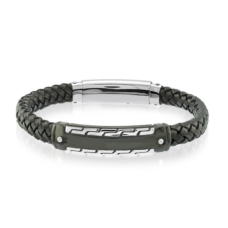 Black Stainless Steel Black Leather Bracelet