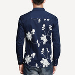 Kuegou // Floral Button-Up // Navy (XL)