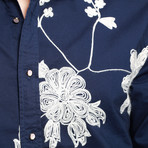 Kuegou // Floral Button-Up // Navy (XL)