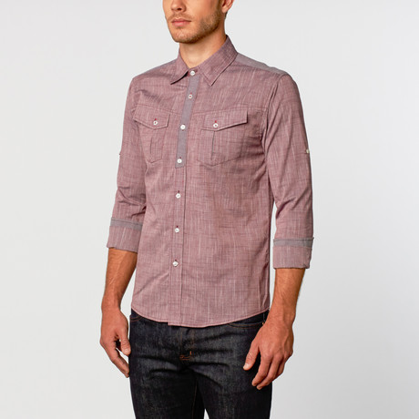 Blocked Textured Chambray Button-Up Shirt // Eggplant (S)