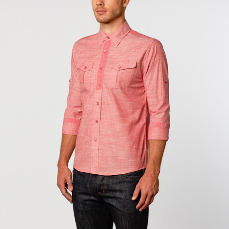 Blocked Textured Chambray Button-Up Shirt // Red (S)