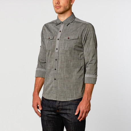 Blocked Textured Chambray Button-Up Shirt // Black (S)